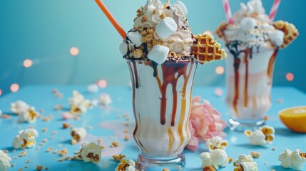 Naklejka premium Two decadent milkshakes garnished with caramel, whipped cream, wafers, and marshmallows in a fun, festive setting.