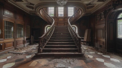 Obraz premium Abandoned mansion interior with grand staircase and ornate woodwork, captured in daylight