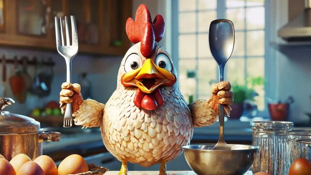 Video of a comical chicken character in a kitchen, humorously interacting with various cooking utensils and an egg. The animated scene is lighthearted, with the chicken clumsily handling kitchen
