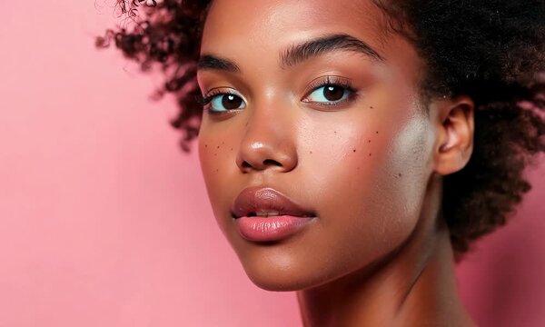 Natural Beauty: A young woman with glowing skin and curly hair embodies natural beauty against a vibrant pink backdrop. 