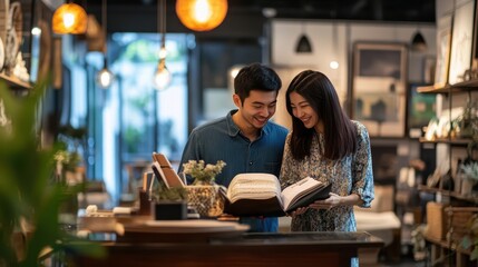 A couple smiles together, examining a book in a warmly lit bookstore