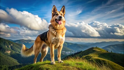 Majestic canine stands triumphantly on a grassy hill, chest out and ears up, exuding confidence and pride with a happy, tongue-lolling expression.
