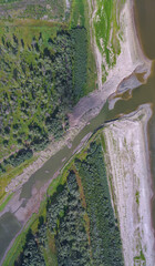 Aerial View of River Bend with Forest and Sandbanks