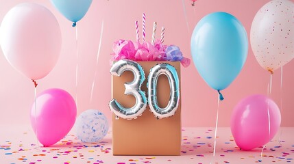 A festive birthday celebration with a gift box and balloons. The box has the number 30 written on it, indicating a 30th birthday celebration. Scattered confetti and balloons in pink
