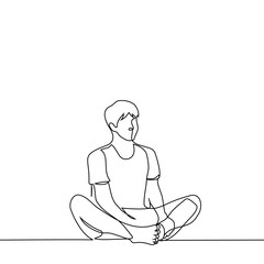 man sits on the floor with his feet next to each other - one line art vector. concept yoga pose, meditation