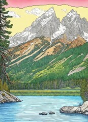 Drawing jenny lake at grand teton national park usa in summer. line drawing with clean clear lines in a coloring book style bright colors intricate details elegant discreet serene magical pea
