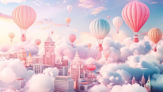 Cityscape made of colorful balloon, with buildings and clouds crafted from bright pastel hues, An imaginative world creativity	