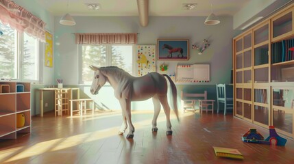 Bright classroom bathed in sunlight, scattered with play toys and learning materials, evoking a welcoming and stimulating environment for children.