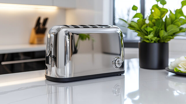 a modern, sleek stainless steel toaster on a pristine kitchen countertop