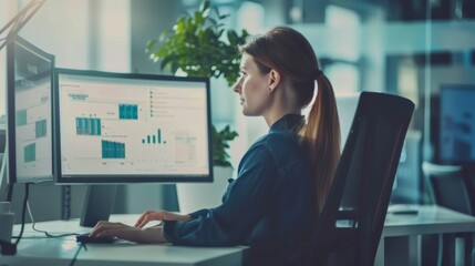 A focused woman works at a computer, analyzing data on multiple screens in a modern office space filled with light.