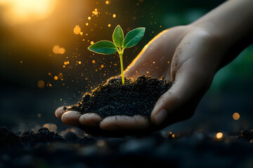 Fototapeta premium A hand nurturing a young plant, symbolizing growth and the importance of nature in our lives.