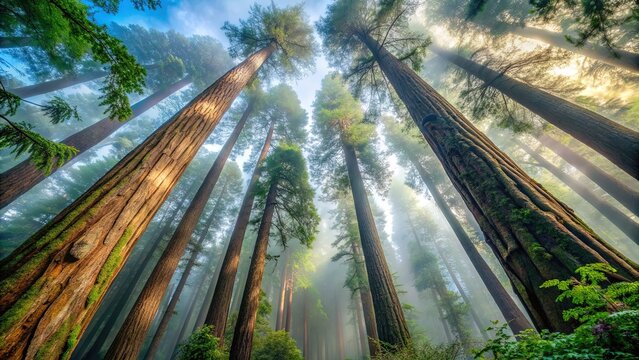 Majestic fog-shrouded redwood trees tower above a serene forest landscape in Redwood City, their massive trunks and canopies a testament to nature's enduring grandeur.