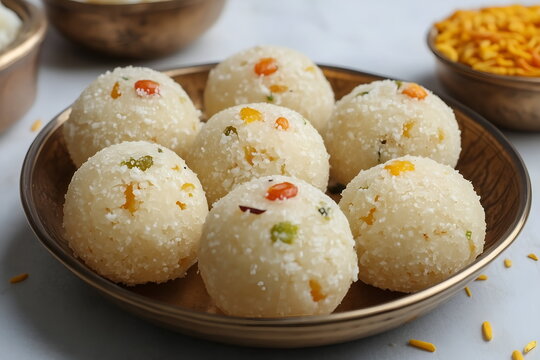 Laddu and pedha dish on the Indian table traditional food