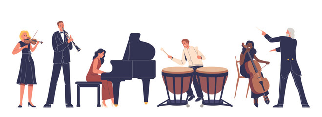 Symphony Orchestra With Musicians Playing Various Instruments Led By A Conductor Isolated on White, Vector Illustration © Pavlo Syvak