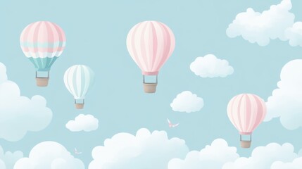 Fototapeta premium A serene illustration of hot air balloons floating in a blue sky with fluffy clouds.