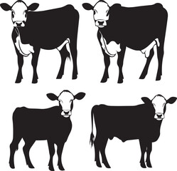Set of Black and White Cows Silhouette Vector