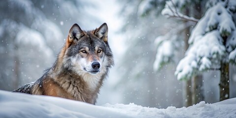 Obraz premium A solitary wolf blending into the snowy forest landscape, wolf, snow, winter, forest, wilderness, nature, predator, animal