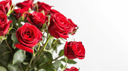 Fototapeta premium White Background with Wide-Angle Red Roses Bouquet Side View.