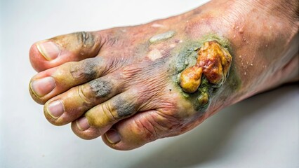 Closeup of foot with severe gangrene , gangrene, foot, disease, infection, medical, healthcare, amputation, necrosis, decay