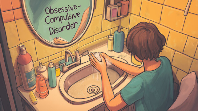 Man with OCD Washing Hands in Bathroom