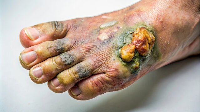 Closeup of foot with severe gangrene , gangrene, foot, disease, infection, medical, healthcare, amputation, necrosis, decay