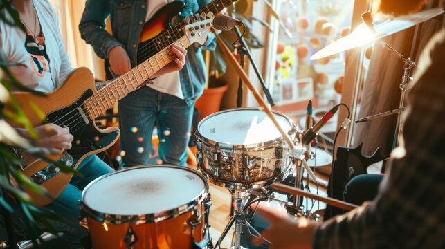 Band members playing guitars and drums in a sunlit room, exuding an energetic and collaborative vibe while creating music together.