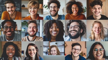 A collage of diverse, joyful faces smiling brightly, portraying a sense of community, happiness, and inclusivity.