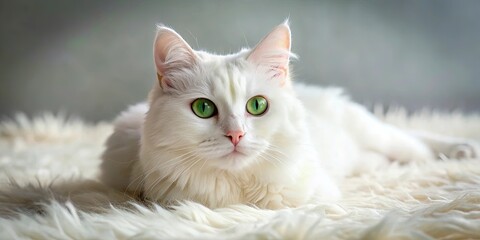 Playful white pet cat with bright green eyes lying on a fluffy rug , cat, pet, feline, animal, domestic, playful, white, fluffy, rug