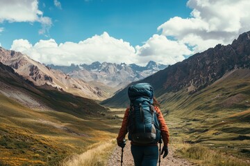 Fototapeta premium Hiker with trekking poles walking in mountain valley.