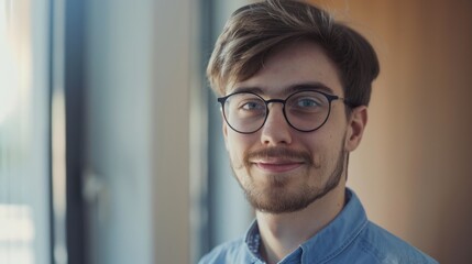 Young man with glasses and casual attire, smiling with a hint of sunlight filtering through a nearby window.