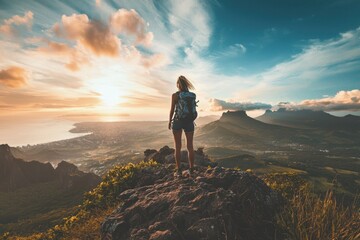 Fototapeta premium Adventurer on mountaintop with city and ocean view.