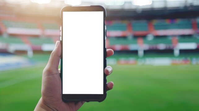 A hand holds a blank smartphone screen with a blurred stadium in the background, suggesting potential for connection or technology use in sports events.
