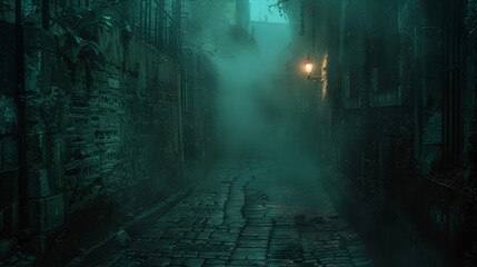 Fototapeta premium Foggy alley at night with a glowing lantern and eerie ambiance