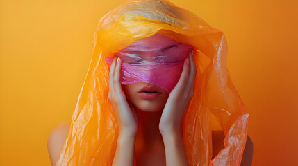 A striking portrait of a person with colorful plastic wrap, showcasing emotion against a vibrant orange backdrop.