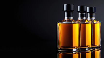Naklejka premium a set of three luxury liquor bottles with amber liquids, arranged in a row on a glossy black surface