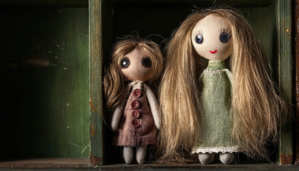 Two creepy rag dolls standing on a shelf
