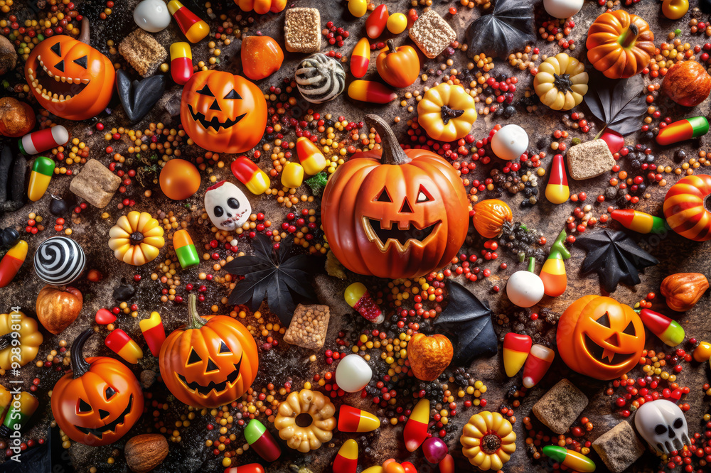 Wall mural Halloween Candy and Pumpkins - A festive spread of Halloween treats, including pumpkins, candy corn, candy, and skull decorations, symbolizing spooky fun, celebration, autumn flavors, sweet treats, an