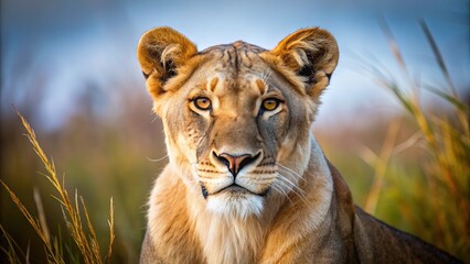 Naklejka premium Majestic lioness with a regal gaze, her tawny fur and whiskers framing a powerful, relaxed face, exuding serenity in the savannah wild.