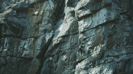 A climber ascends a rugged, rocky cliff, showcasing bravery and skill against a backdrop of steep and textured rock face.