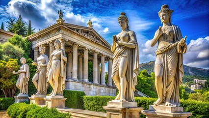 Fototapeta premium Majestic marble statues of mythological deities stand proudly against a serene blue Greek sky, surrounded by lush greenery and aged stone architecture.