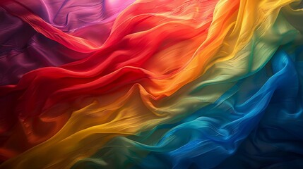 Colorful silk fabric draped in wavy patterns with vibrant hues in soft light