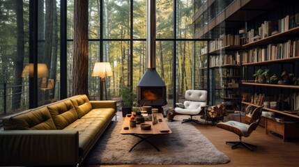 Fototapeta premium A modern living room with a fireplace, large windows overlooking a forest, and a bookshelf filled with books.