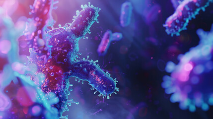 Fototapeta premium Wallpaper photo of blue and pink bacteria with blurred background 3D rendering. For learning science, biology.