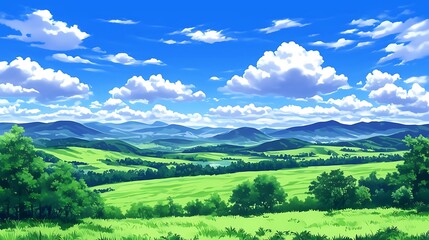 Green Meadow with Blue Sky and White Clouds Illustration