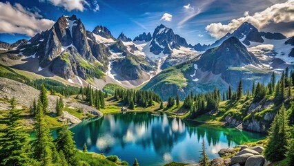 Majestic mountain landscape featuring rugged terrain, alpine lakes, and snow-capped peaks set against a bright blue sky in the High Peaks Wilderness Area.
