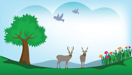 Nature landscape of green grass and blue sky with tree, birds, and deers. Vector illustration cartoon style for environmental background. 