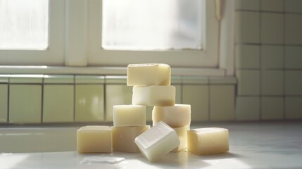 A stack of handmade soap bars in a sunny kitchen, casting soft shadows, evoking a sense of freshness, simplicity, and natural living.