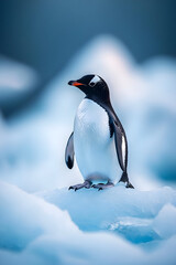 Obraz premium An elegant penguin standing on ice, showcasing its distinctive colors against a serene, icy background.