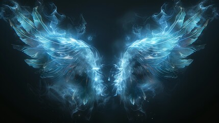 Ethereal blue angel wings created from smoke effects against a dark backdrop