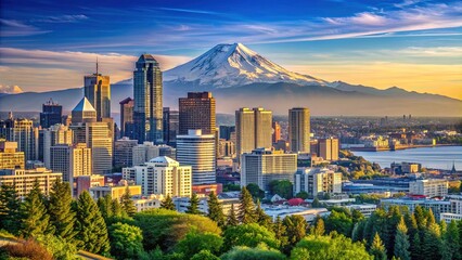 Obraz premium Majestic Mount Rainier towers above the vibrant cityscape of Seattle, surrounded by sparkling Puget Sound waters and lush green forests under a serene blue sky.